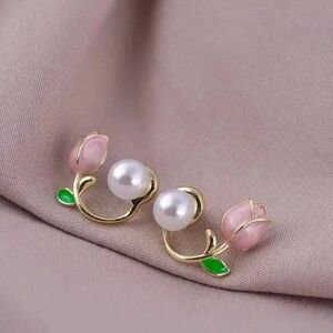 Pink Tulip Flower Faux Pearl Stud Whimsical Earrings